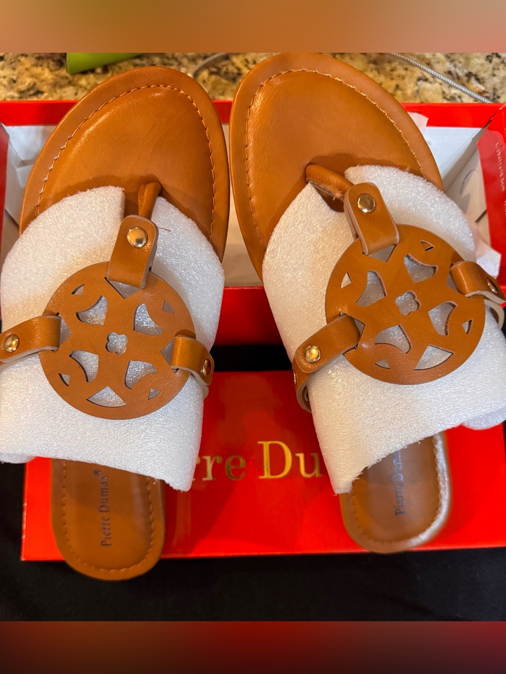 Pierre Dumas NIB Women's Cognac Cutout Medallion Thong Sandals
